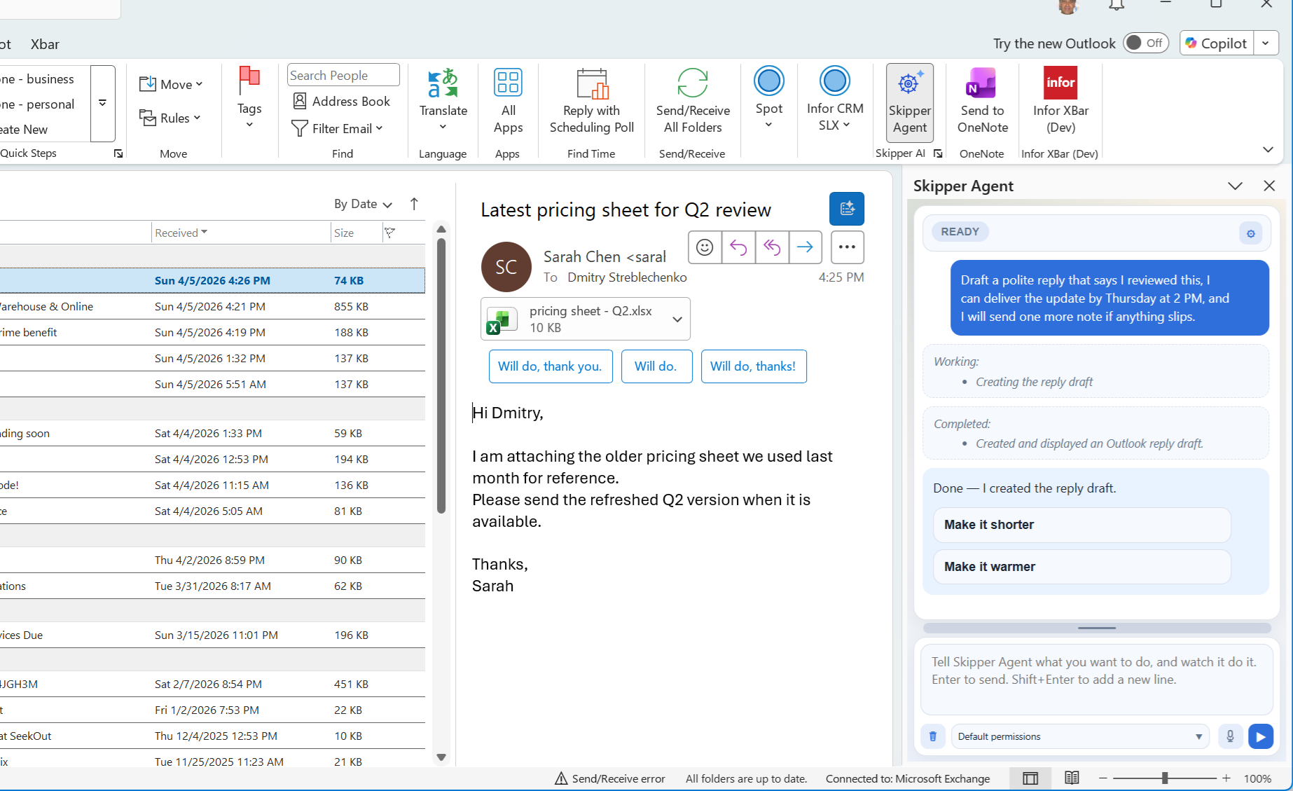 Skipper Agent running inside classic Outlook beside a selected email message