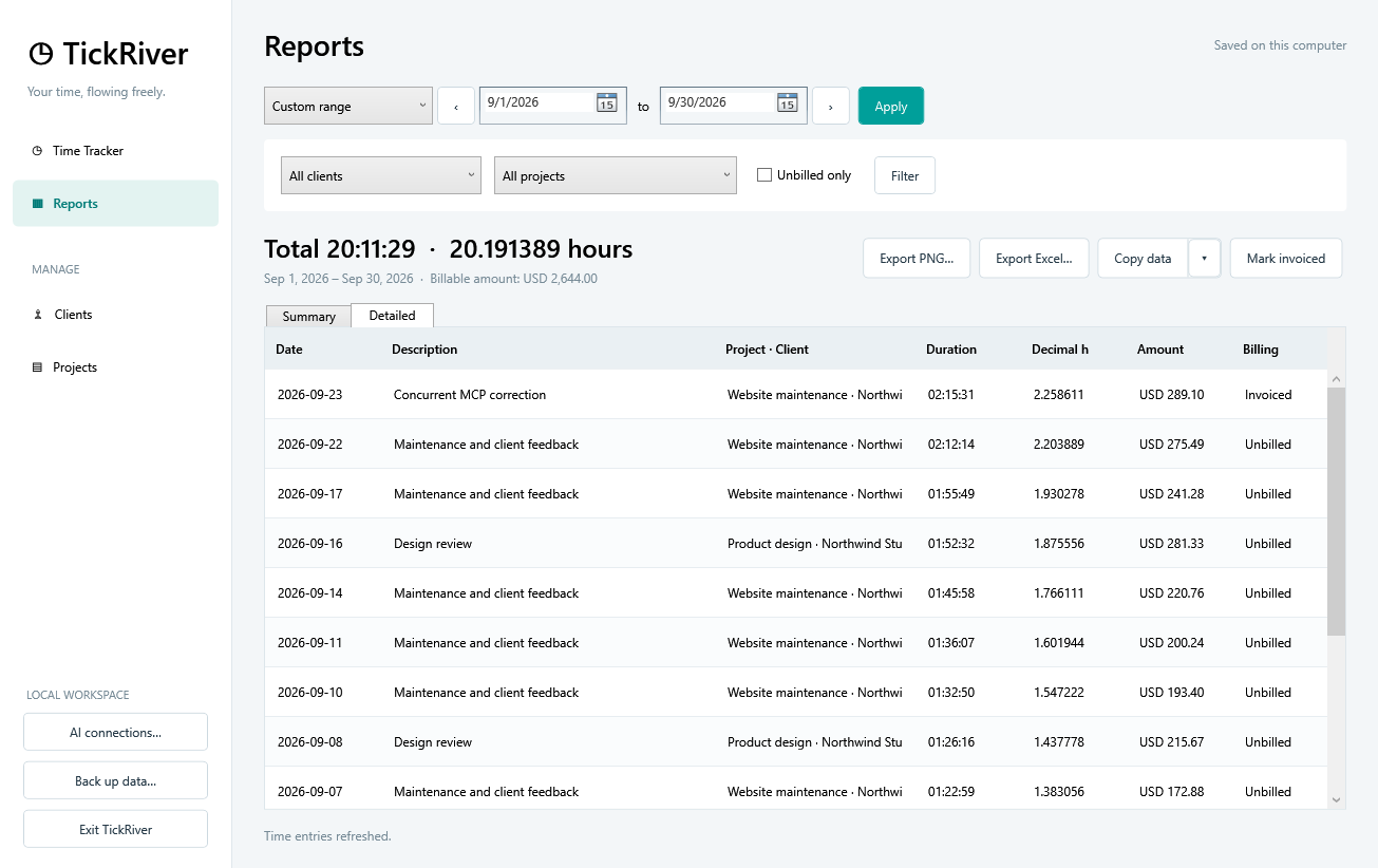 Detailed TickRiver report with entry descriptions, projects, durations, decimal hours, and billing amounts